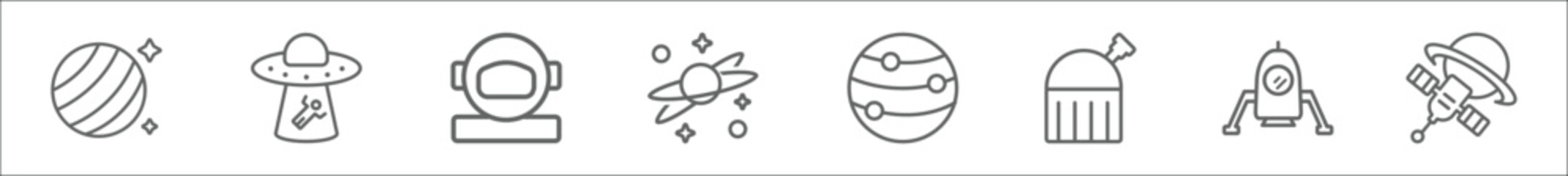 Wall Mural - outline set of astronomy line icons. linear vector icons such as uranus with satellite, abduction, astronaut user, planets, jupiter with satellite, planetarium, space lander, aerospace