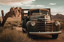 Vintage Truck With Wood Panel And Desert Landscape, Western Vibes. Generative AI
