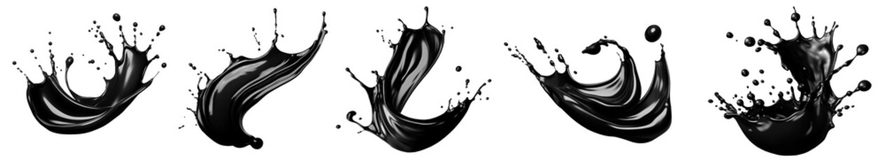 Black dark cream liquid paint ink splash swirl wave on transparent background cutout, PNG file. Many assorted different design. Mockup template for artwork graphic design