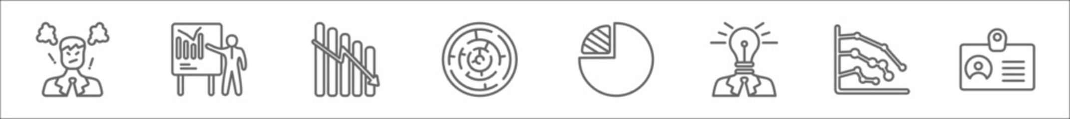 Wall Mural - outline set of business line icons. linear vector icons such as angry boss, businessman showing a project sketch, data analytics descending line graphic, maze game, quarter pie chart, businessman