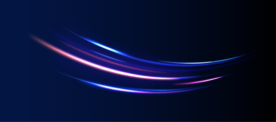 Set of neon blurry light circles at motion. Speed effect motion 3d neon light trails made with ultra violet and blue laser light. 