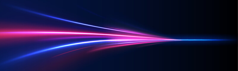 Wall Mural - Acceleration speed motion on night road. Illustration of light ray, stripe line with blue light, speed motion background. Glitter blue wave light effect. 