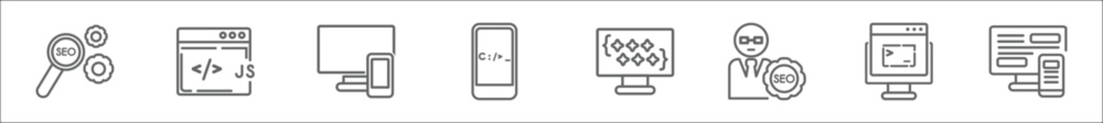 Wall Mural - outline set of programming line icons. linear vector icons such as seo configuration, js, cross-platform, command, clean code, seo consulting, code terminal, adaptive layout