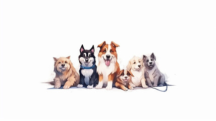 Wall Mural - multicolored watercolor puppies on a white background.