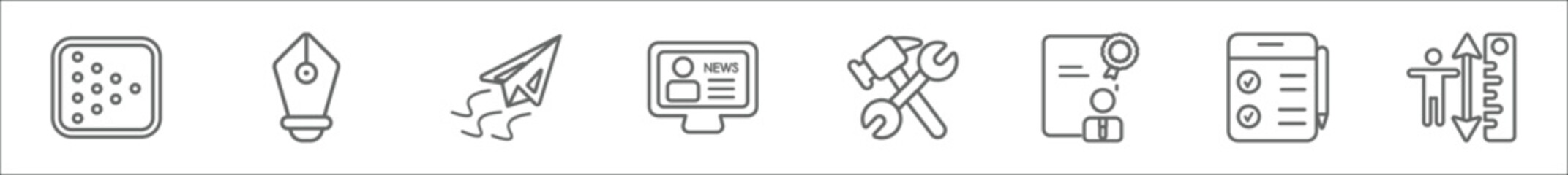 outline set of user interface line icons. linear vector icons such as turn right arrow, refresh button, arrow heading up, crossroads, spiral tool, 6 ps, double arrows, downloading