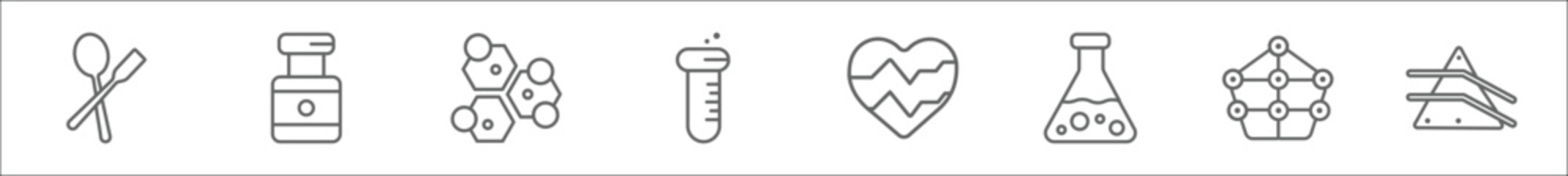 Wall Mural - outline set of science line icons. linear vector icons such as spoon, vial, formula, test tube, elec