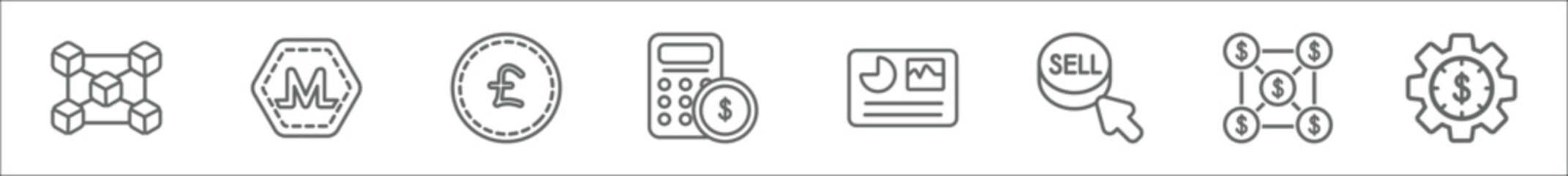 Wall Mural - outline set of cryptocurrency economy line icons. linear vector icons such as chains, , pound sterling, budget accounting, crypto hash rate, sell, cryptocurrency, economy gear