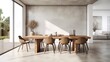 Minimalist dining room with a large wooden table against a gray concrete wall. Generation AI
