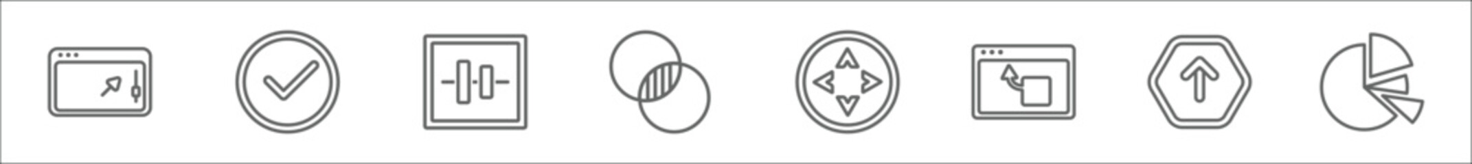 Poster - outline set of user interface line icons. linear vector icons such as window scrolling right, round done button, vertical align, intersect, move arrows, window back button, top arrow, pie chart