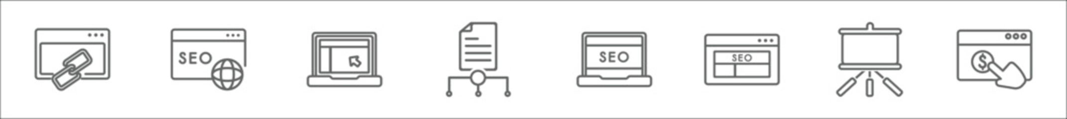 Wall Mural - outline set of search engine optimization line icons. linear vector icons such as link, seo and web,