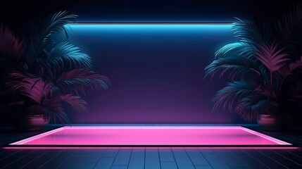 Wall Mural - night neon empty background, tropical leaves. generation ai