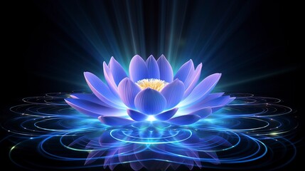 Wall Mural - Magical lotus flower on the water, neon light, reflection, magical light. Generation AI