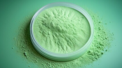 Poster -  a green powder in a white bowl on a green background.  generative ai
