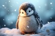 Sweet penguin chick, in snow coat, stands on wobbly feet