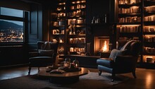 Comfortable Fireplace Room: Warm Fire, Bookshelves, And Cozy Armchairs