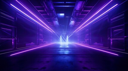 Wall Mural - glowing neon purple pink blue lights in an empty concrete room. generation ai