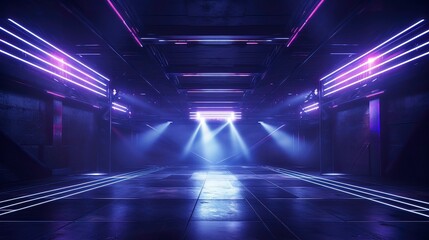 Wall Mural - glowing neon purple pink blue lights in an empty concrete room. generation ai