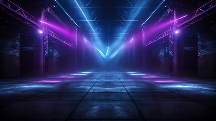 Wall Mural - glowing neon purple pink blue lights in an empty concrete room. generation ai