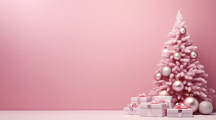 Canvas Print -  a pink christmas tree with presents under it on a table.  generative ai