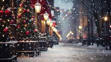 NY Street At Night Snowing At Christmas Time Out Of Focus Background. Merry Christmas