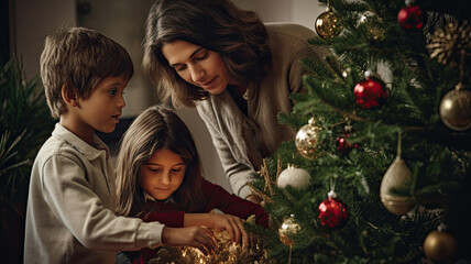 Mother with her two children in her living room, decorating a Christmas tree. Copy space