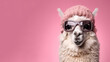 Cute lama alpaca wearing winter knitted hat and transparent goggles, isolated on the pink background with copy space