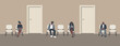 © irynaalex - black people in the waiting room. People waiting in line. Men and women sit on chairs and look at their phones. Waiting hall in beige color. Corridor interior. White chairs near the doors. Vector