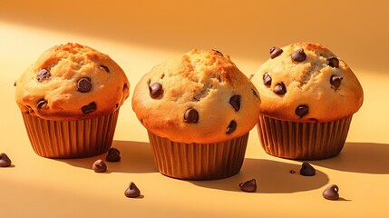 Wall Mural -  three muffins with chocolate chips on a yellow background.  generative ai