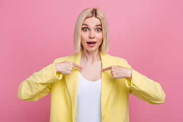 Poster - Photo of excited funky lady wear yellow jacket suit pointing fingers herself isolated pink color background