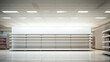 Empty shopping aisle with shelves and blank banner, sales & marketing