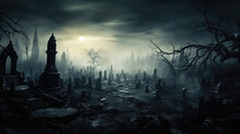 Soft Moonlight And Eerie Shadows In Haunted And Creepy Graveyard