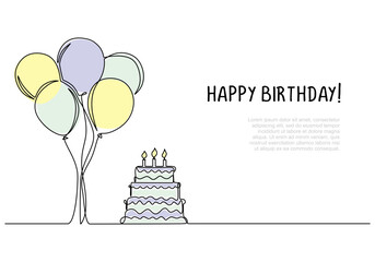 Wall Mural - Birthday cake and balloons. Continuous one line art drawing. Happy celebration banner