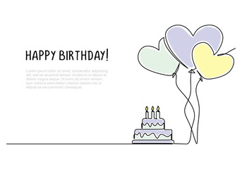 Wall Mural - Happy birthday continuous line drawing. One cake and balloons. Celebration banner