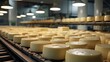Round cheese, Production of Round cheese on conveyor belt in factory, Concept with automated food production.