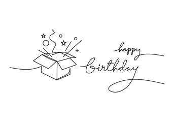 Happy birthday celebration. Continuous line drawing. Single outline with open gift box and confetti