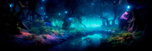 Bioluminescent Forest Fantasy a magical forest at night, where the trees emit an enchanting bioluminescent glow.