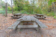 three wooden picnic tables