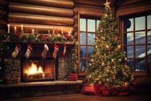  A Decorated Christmas Tree In Front Of A Fireplace With Stockings On It.  Generative Ai