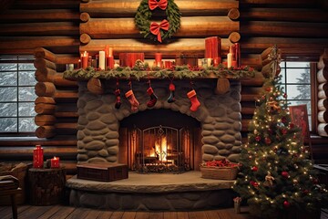 Poster -  a christmas fireplace with stockings and stockings hanging from the mantle.  generative ai