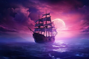 Wall Mural -  a sailboat floating in the ocean with a full moon in the background.  generative ai