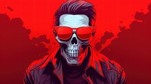  A Skull Wearing Red Sunglasses And A Leather Jacket With A Skull On It's Chest And A Red Background With A Red Background And A Red Background.  Generative Ai