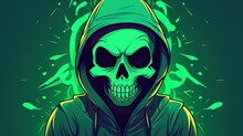  A Skull Wearing A Hooded Jacket With A Hoodie Over His Face And A Green Background With A Splash Of Paint On It And A Green Background.  Generative Ai