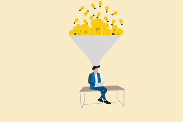 Businessman sitting with laptop and get lightbulb idea to working on creative project