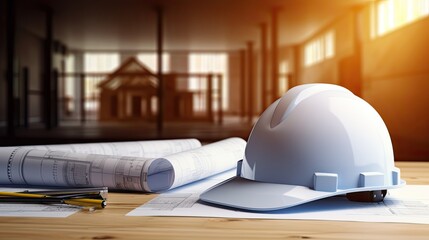 Wall Mural - House drawing blueprints with helmet for architectural