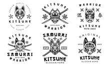 Kitsune Logo Bundle Vintage Style Samurai Japanesee Wolf Logo In Black And White Vector Illustration