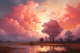 Fototapeta  - Enchanting rosy dusk with ethereal clouds. Generative AI