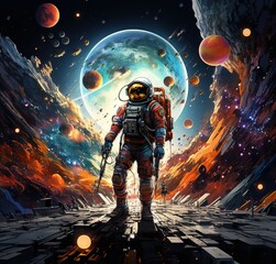 Wall Mural - astronaut on rock surface with space background ,astronaut walk on the moon wear cosmosuit. future c