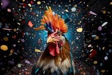 Vibrant Rooster With Colorful Confetti On Black Background