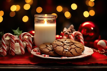 Sticker -  a plate of cookies next to a candle and candy canes.  generative ai