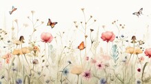  A Painting Of A Field Of Flowers With Butterflies Flying Over It And A White Background With A Light Blue Sky In The Background And A White Wall.  Generative Ai